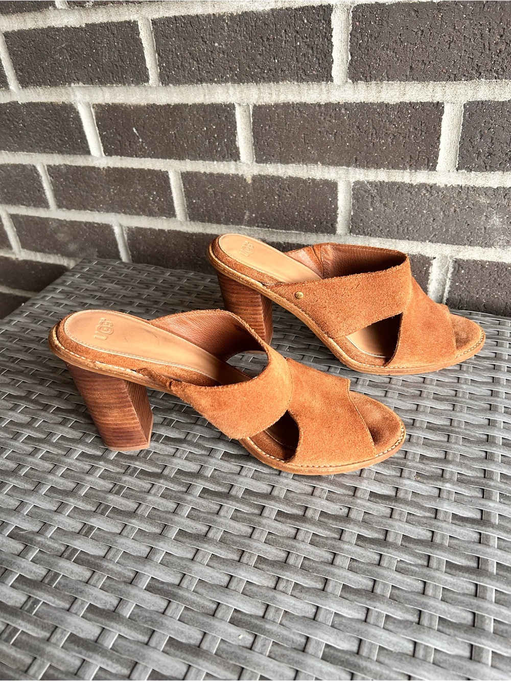 UGG Women's Rust/BrownSuede Crossover Block Heel Mules - Size 10 - Picture 2 of 7